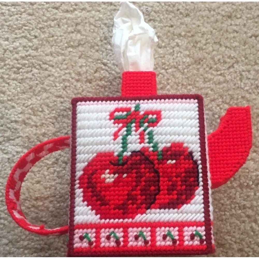 Handmade Plastic Canvas Tissue Box Cover Cherry Teapot Needlepoint Vintage Style